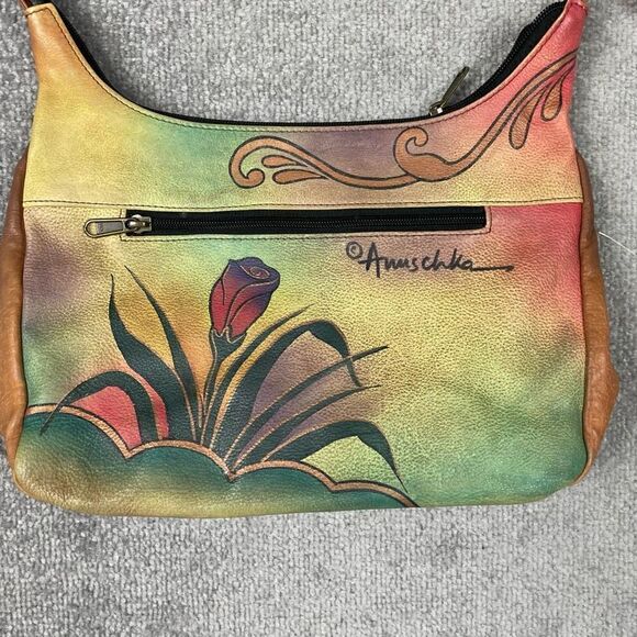 ANUSCHKA Shoulder Bag Purse Leather Hand-Painted Butterfly Floral Print Brown - Picture 5 of 7
